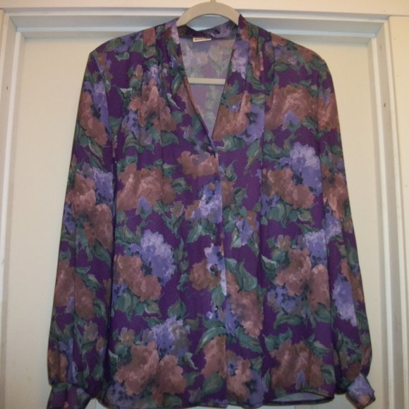 ROMANTIC FEMME OFFICE SIREN VINTAGE PRETTY IN PURPLES 80S 90S BLOUSE LG - Picture 1 of 3